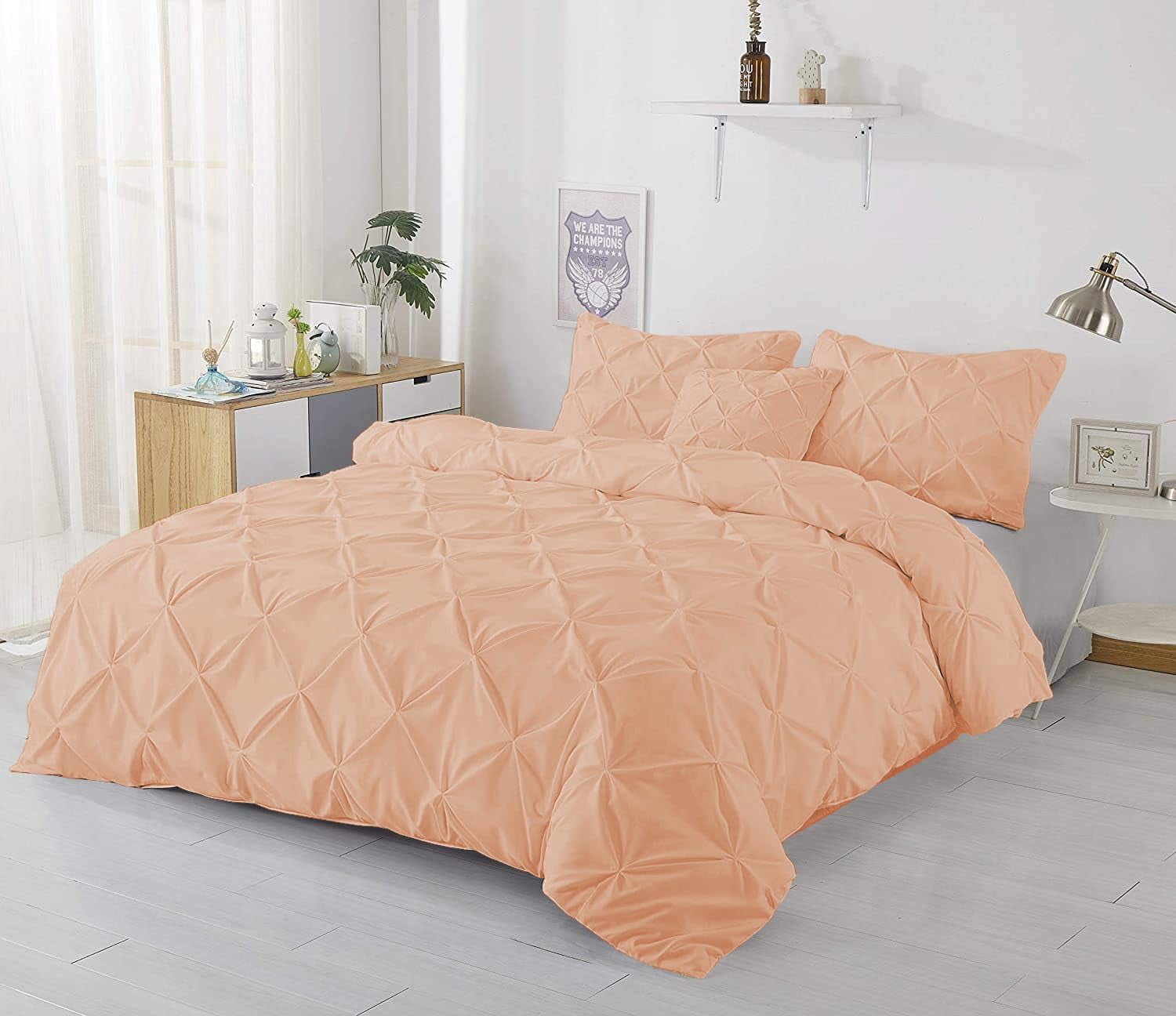 3 Piece Pinch Pleated Duvet Cover Set 100% Cotton 1000 TC with Zipper Closure & Corner Ties Pintuck Bedding Duvet Cover - Full/Queen Size (90" x 90") Inch, Blush Solid