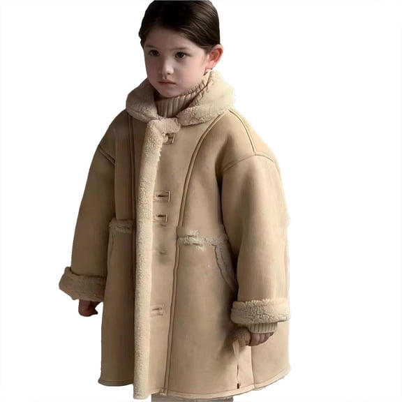 LIJCC Kids Girls Sherpa Fleece Lined Jacket Faux Suede Lined Plush Shearling Oversized Long Jacket Suede Button Down Windproof Lapel Coat Winter Thick Fluffy Outerwear