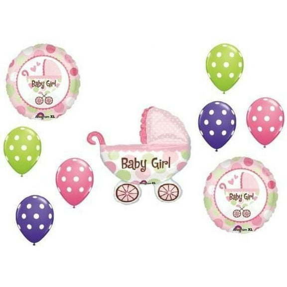 IT'S A GIRL Carriage Buggy POLKA DOTS Baby SHOWER (9) Decorations Balloons SET