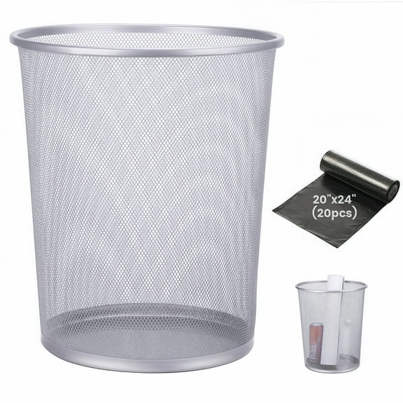 Modern Silver Trash Can with Trash Bags, 6 Gal Open Weave Metal Wire Waste Paper Basket, Lightweight for Bedroom & Home Office