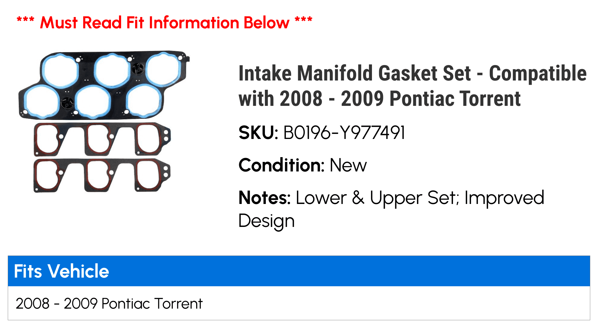 Intake Manifold Gasket Set - Compatible with 2008 - 2009 Pontiac Torrent
