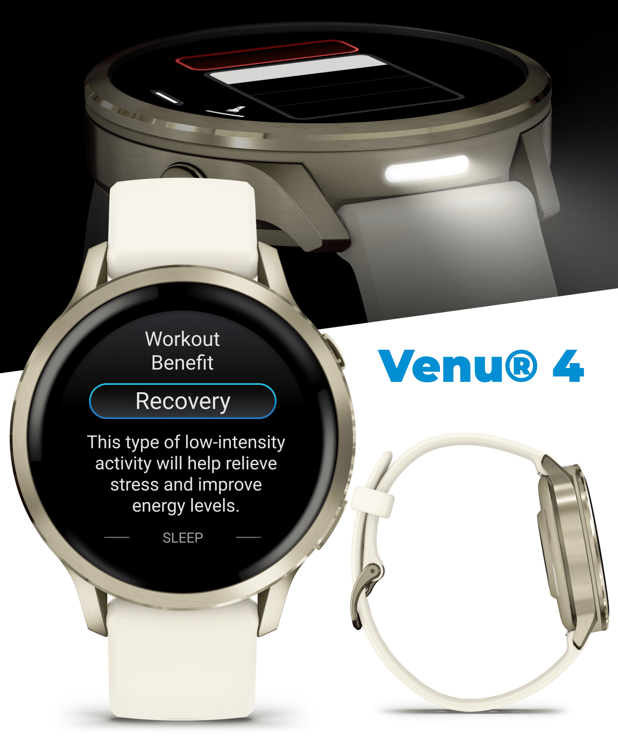 Garmin Venu 4 - 41mm AMOLED Advanced Health & Fitness GPS Smartwatch, Bright & Colorful Display, Flashlight, Up to 10 Days, Lunar Gold w/Bone Silicone Band w/Wearable4U White EarBuds Bundle
