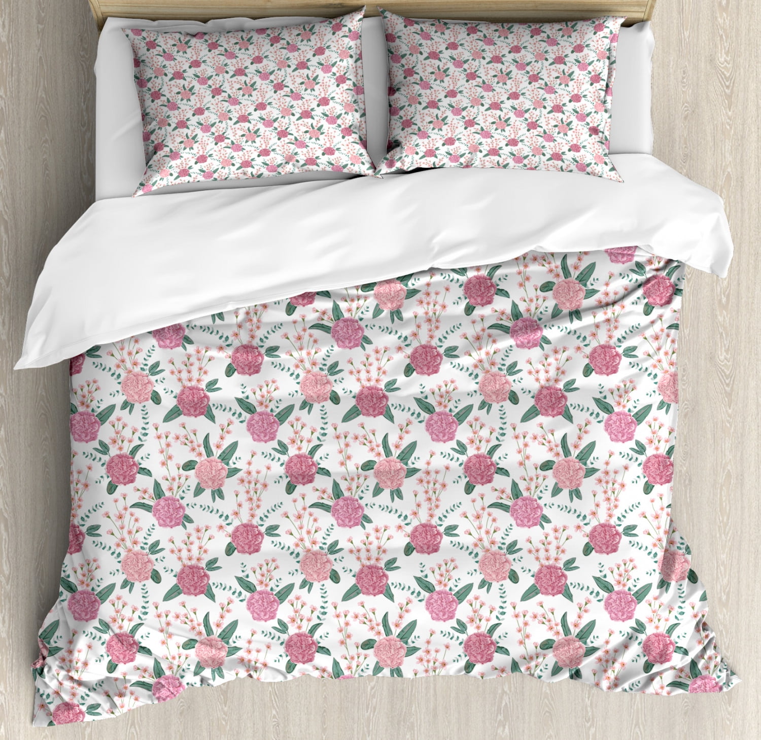 Floral Duvet Cover Set Queen Size, Soft Toned Carnation Leaves Romantic