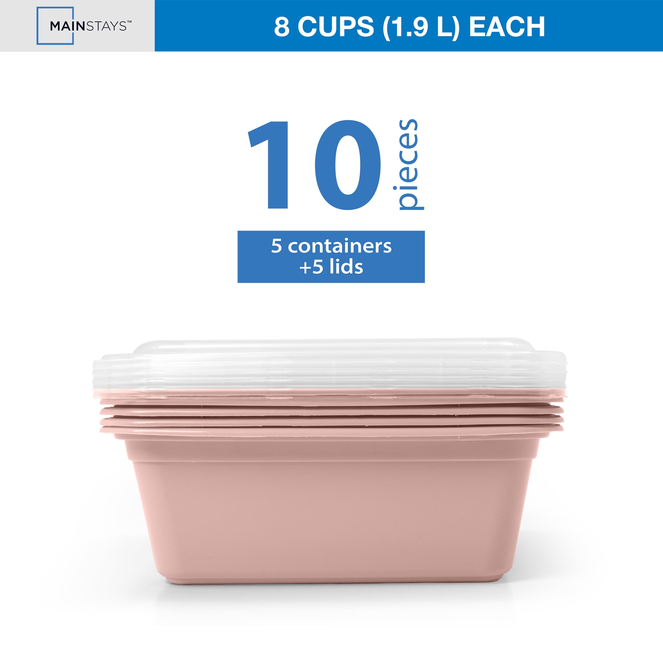 Mainstays 5-Pack Tall Square BPA-Free Plastic Meal Prep Food Storage Containers, 1.9L, Pink Blush