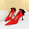 thumbnail image 2 of Nuevos zapatos de tacón dulce para mujer, zapatos de boda finos para mujer, tacón alto de gamuza, boca baja, puntiagudos, lazo de colores, bombas individuales, 2 of 5
