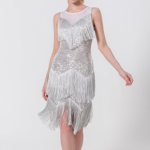 Vestido De Competición De Baile Vestido de competición de baile para mujer Vestido de borla de lentejuelas Vestido de baile latino (Plata M) Cgtredaw Para estrenar