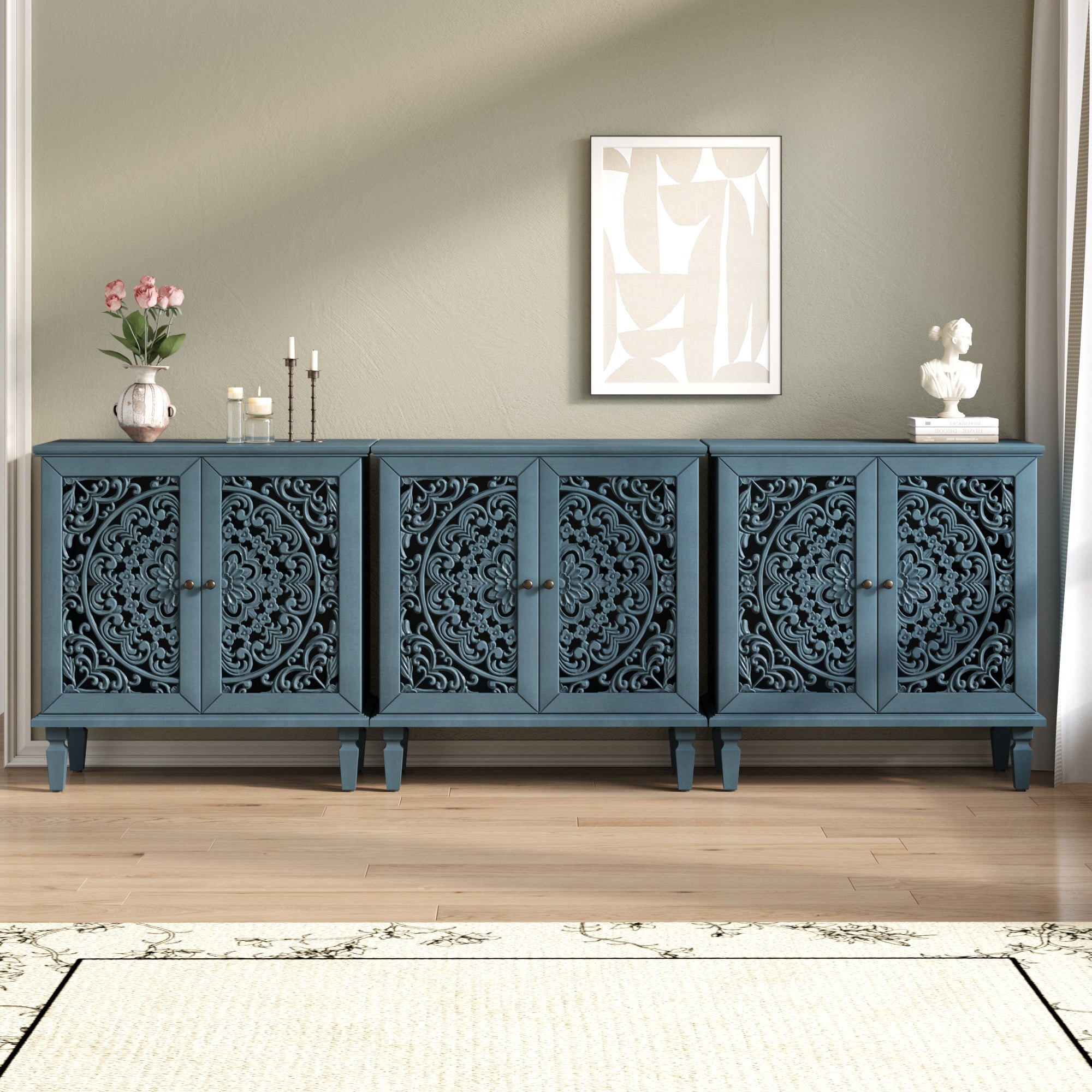 Vintage Accent Cabinet with Floral Carved Doors, 2 Door Sideboard Storage Cabinet with Adjustable Shelf, Antique Blue