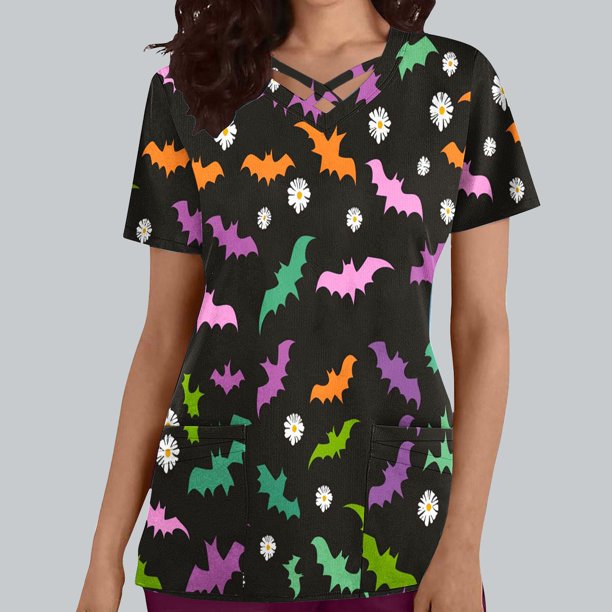 Puntoco Top de lactancia informal con cuello en V, manga corta y estampado de Halloween para mujer