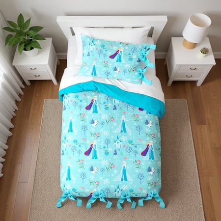 Disney Frozen Icy Adventure Reversible Comforter and Sham Bedding Set With Ribbons, Blue, Twin/Full