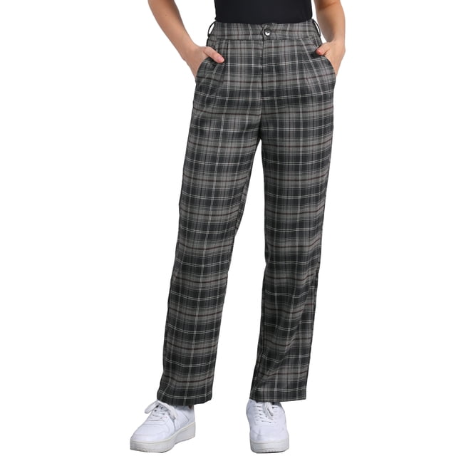 Pantalones largos rectos de cintura elástica con botones y cremallera de cuadros para mujer Inspire Chic en gris oscuro y marrón