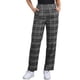 thumbnail image 1 of Pantalones largos rectos de cintura elástica con botones y cremallera de cuadros para mujer Inspire Chic en gris oscuro y marrón, 1 of 6