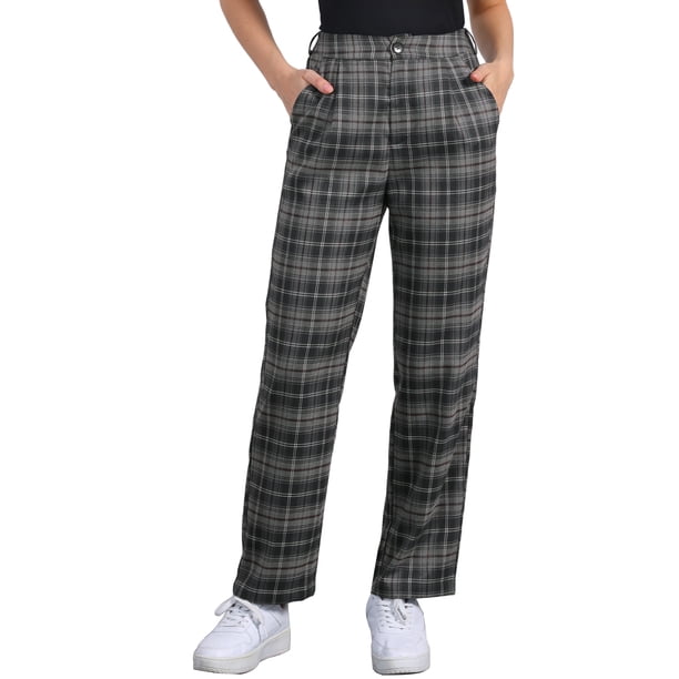Pantalones largos rectos de cintura elástica con botones y cremallera de cuadros para mujer Inspire Chic en gris oscuro y marrón