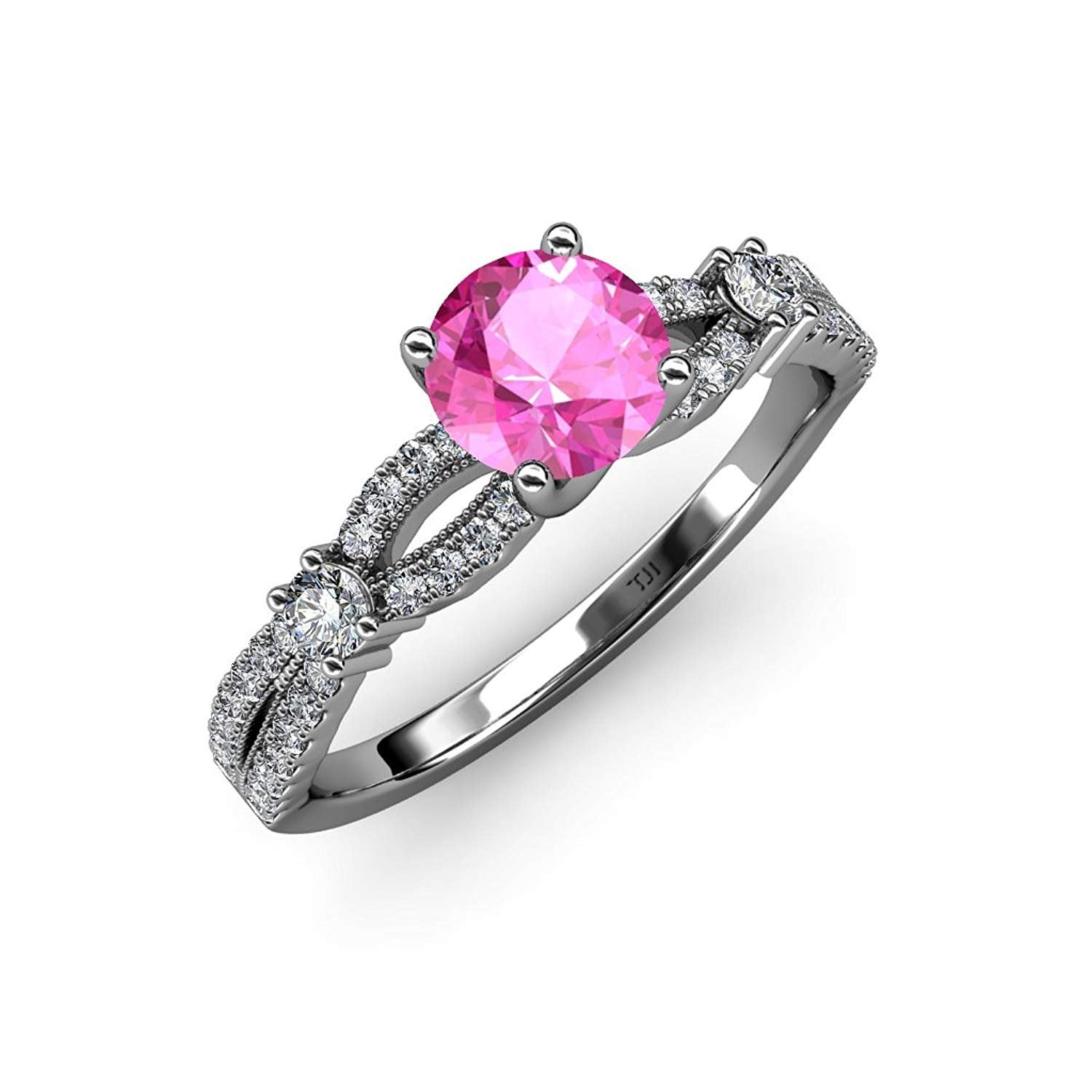 Pink Sapphire and Diamond Split Shank Engagement Ring 1.40 ct tw in 14K White Gold.size 6 by TriJewels