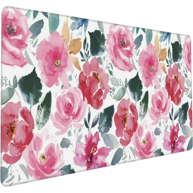 Large Watercolor Pink Flowers Gaming Mouse Pad - Green Leaves Desk Mat, Non-Slip Rubber Base, Extended Long Computer Keyboard Mat for Home Office, 35.4"x15.7"