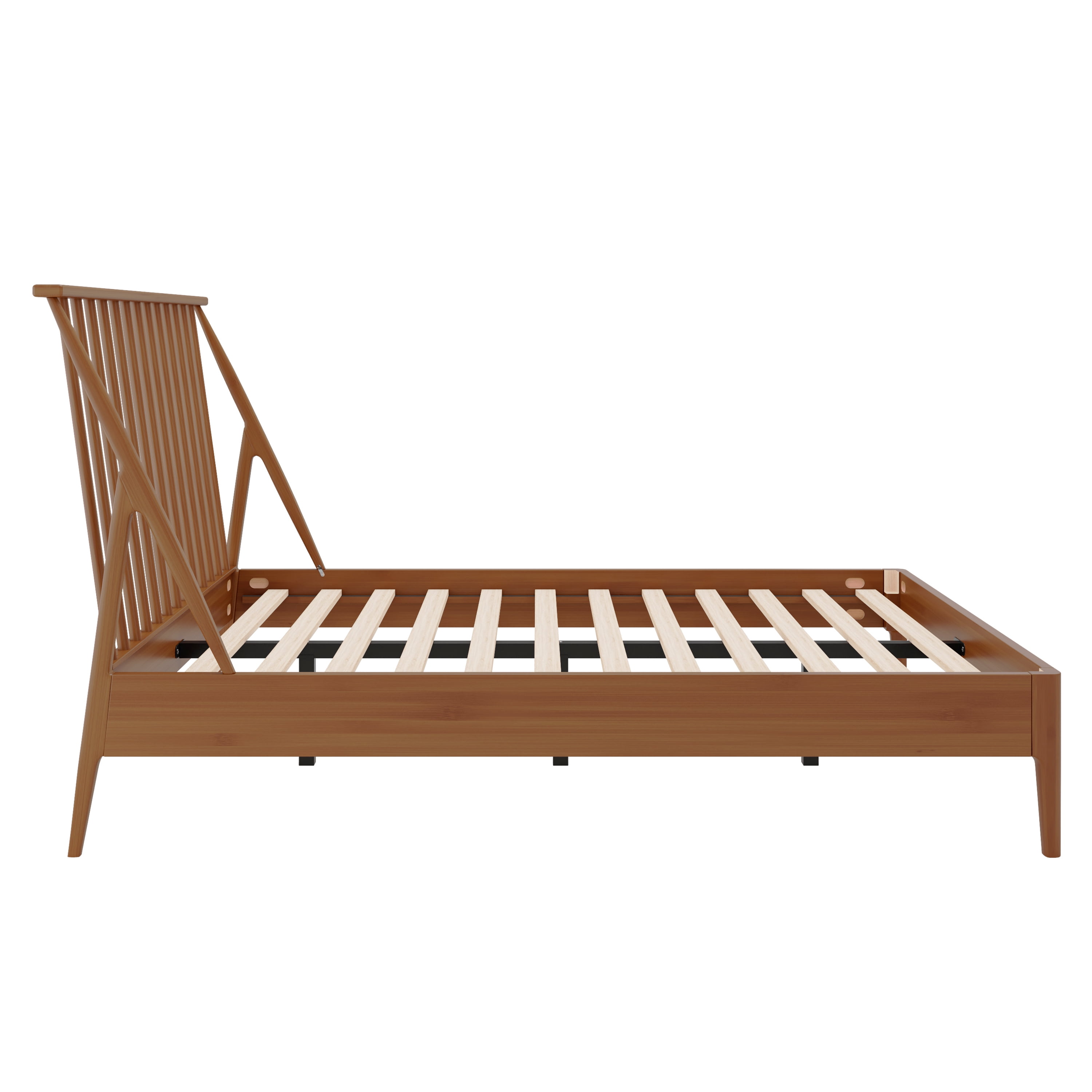 Euroco Bamboo Wood Spindle Queen Size Platform Bed with Tall Headboard, Bohemian Bed Frame with Wooden Slats and Metal Support, Mid-Century Modern Style, Warm Brown