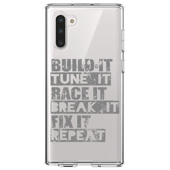 DistinctInk Clear Shockproof Hybrid Case for Samsung Galaxy Note 10 (6.3" Screen) - TPU Bumper Acrylic Back Tempered Glass Screen Protector - Build It Tune Race Break Fix Repeat