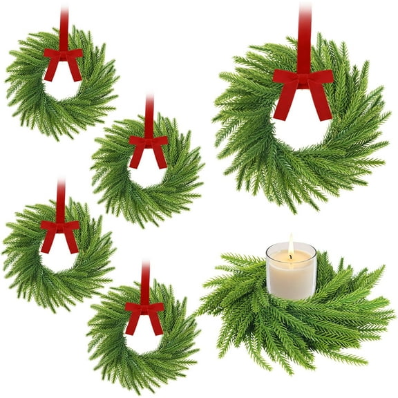 Guvpev 6Pcs Christmas Candle Rings Wreaths, 7.9" Christmas Kitchen Cabinet Wreaths, Artificial Norfolk Pine Wreath with Ribbon Bows, Candle Ring Holder for Xmas Table Centerpiece Window Chair Wall