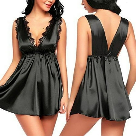 Fartey Womens Satin Silk Nightdress Lace Deep V Lingerie Sleepwear Elegant Solid Color Sleeveless Nightwear Soft Comfy Backless Mini Dress Black 2XL