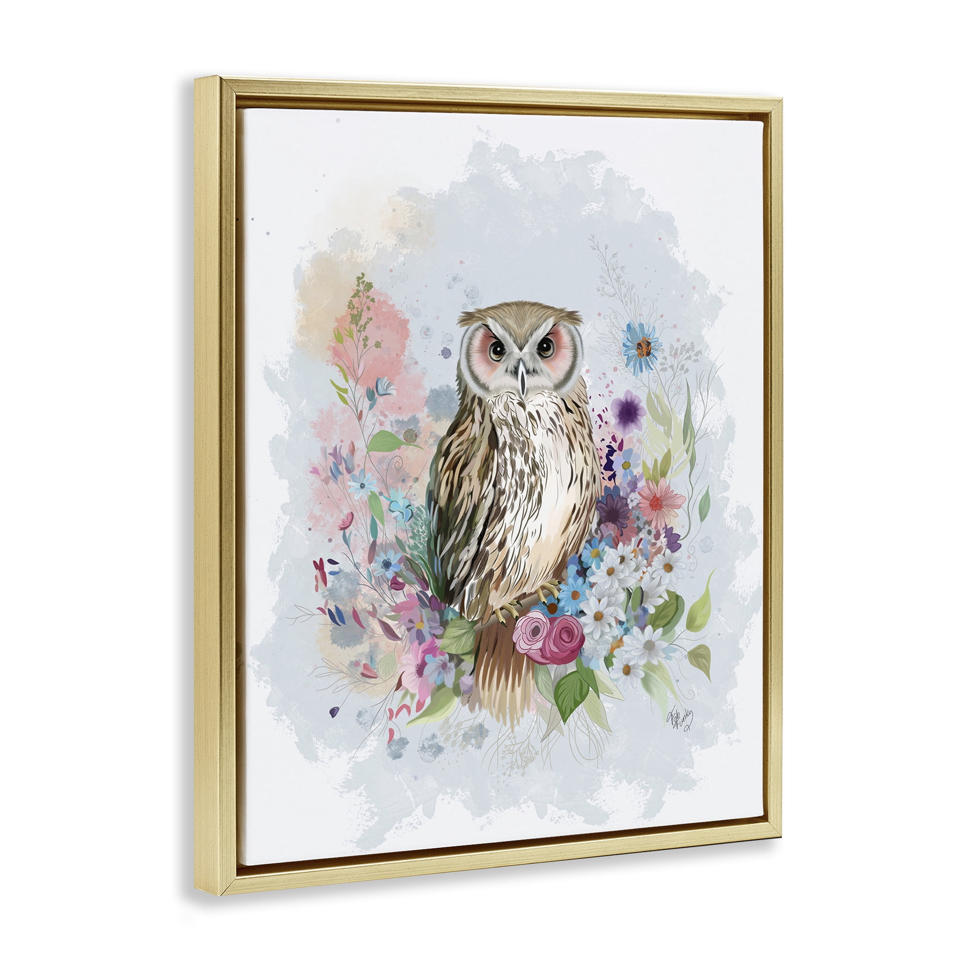 Stupell Industries Owl & Floral Garland Animals & Insects Painting Gold Floater Framed Canvas Art Print Wall Art, 17 x 21