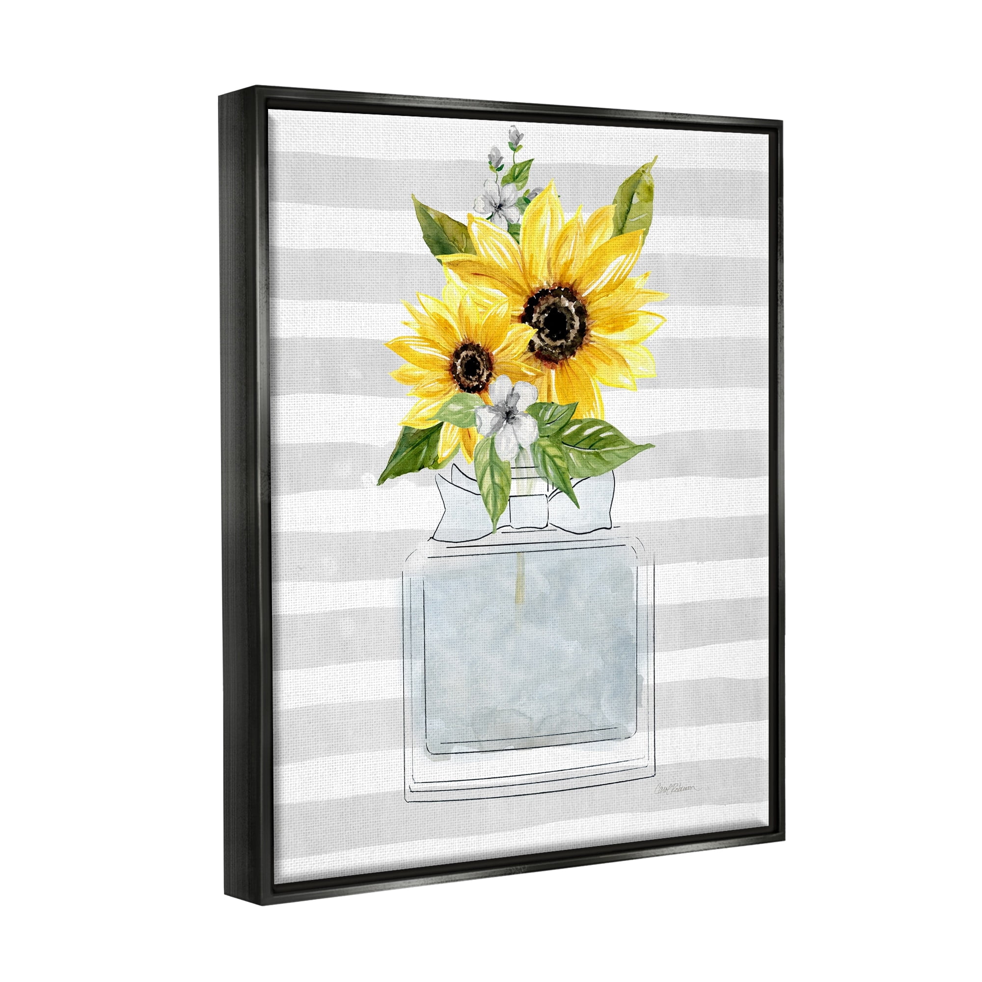 Stupell Industries Vivid Floral Arrangement Glam Perfume Bottle Stripes Graphic Art Metallic Gold Floating Framed Canvas Print Wall Art, Design by Carol Robinson