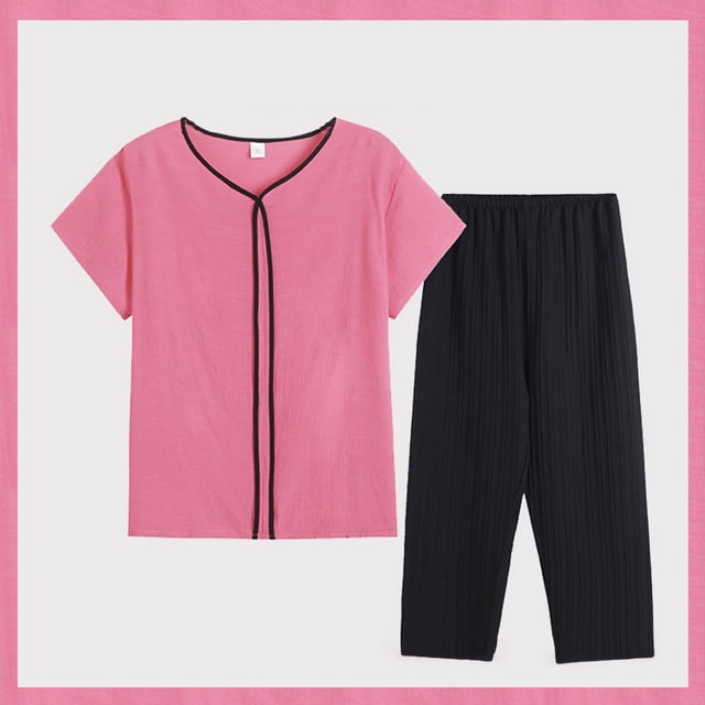 Womens pajama sets Women Summer Middle Embroidered Short Sleeve Color Block T Shirt Set XL