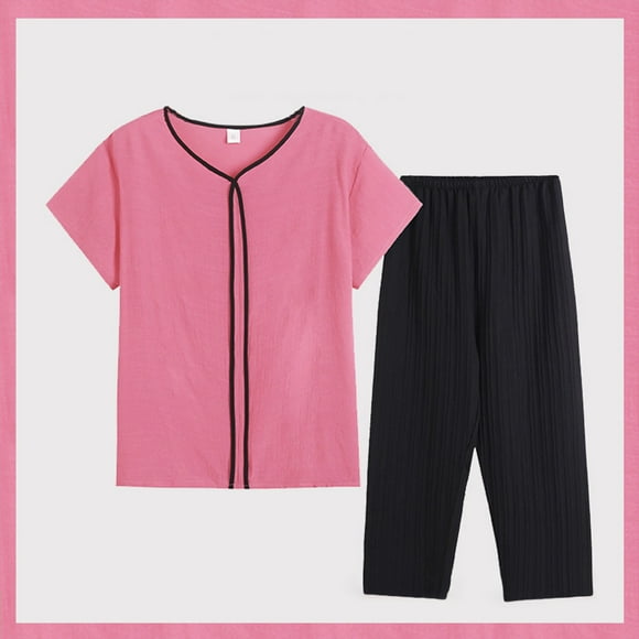 Ensembles de Pyjama pour Femmes Femmes Été Milieu Brodé Manches Courtes T-Shirt à Blocs de Couleur Ensemble TG
