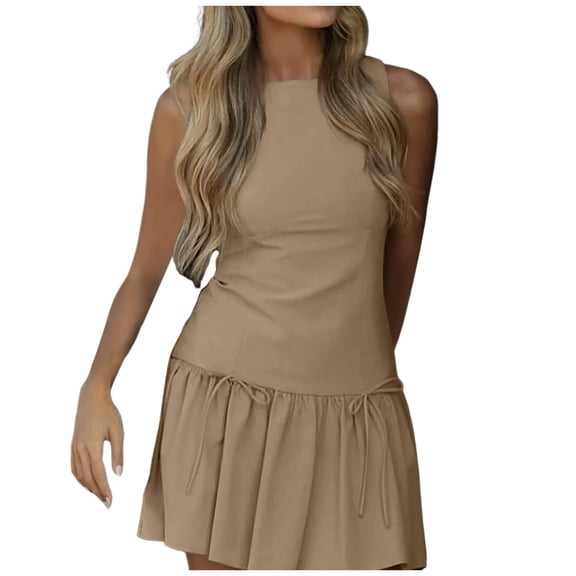 Women's Sleeveless Pleated Mini Dress A-Line Solid Pullover Round Neck Bow Back Zipper Casual Summer Outfit
