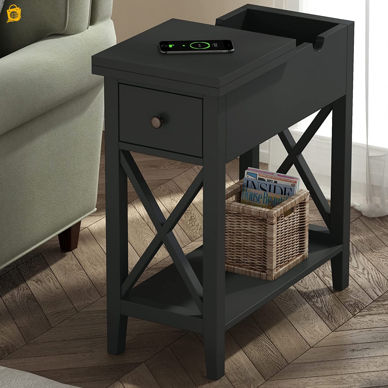 Black End Table Flip Top Narrow Side Table for Small Spaces Accent