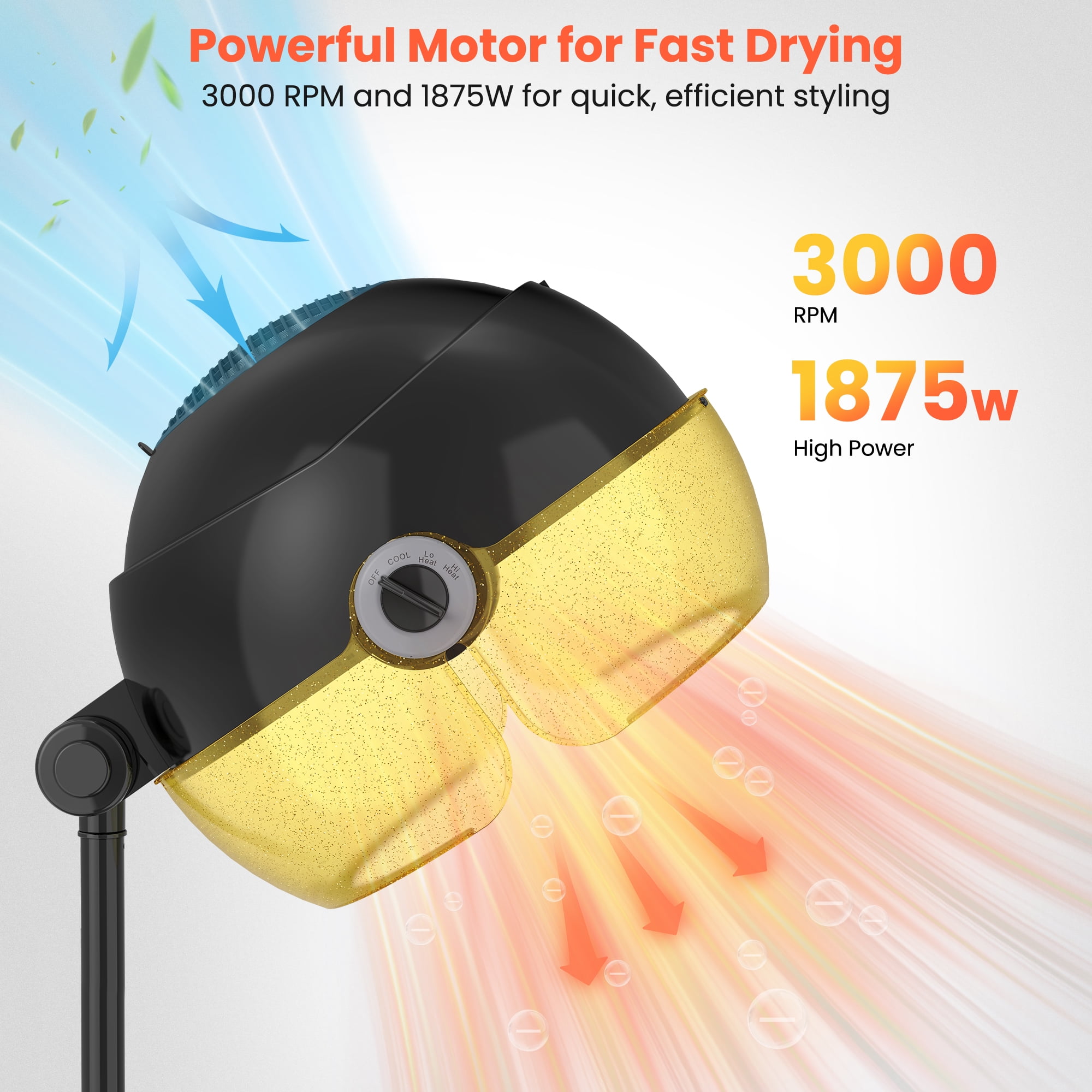 TASALON 1875W Ionic Hood Hair Dryer with Adjustable Stand, 3 Temperature Settings, Rolling Wheels, and Timer-Gold