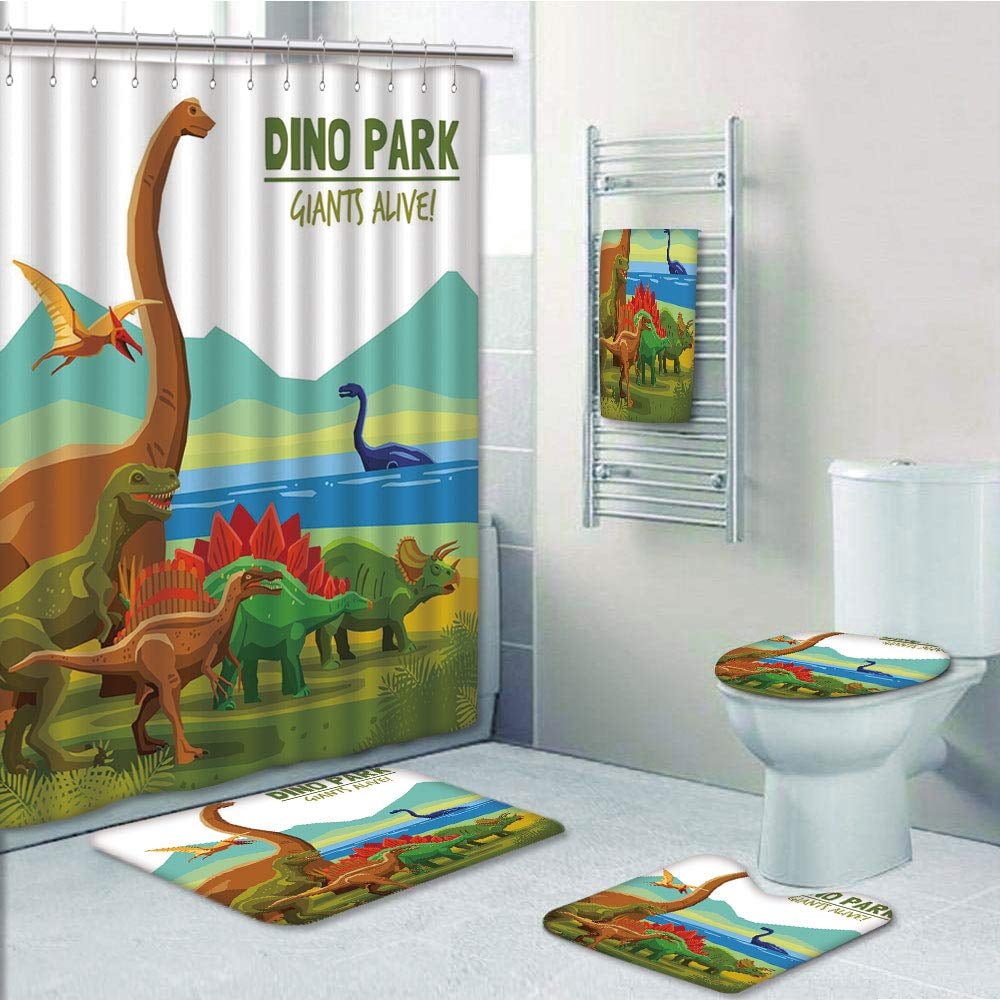 Prtau Dinosaur Flying Swimming Land Dinosaurs With Lake Mountains Dino Park Alive 5 Piece Bathroom Set Shower Curtain Bath Towel Bath Rug Contour Mat And Toilet Lid Cover Walmartcom Walmartcom