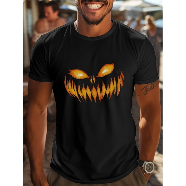 Pumpkin Face Halloween Horror Print, Men's Crew Neck Short Sleeve T-shirt Top, Lightweight & Trendy for Summer Outdoor Wear