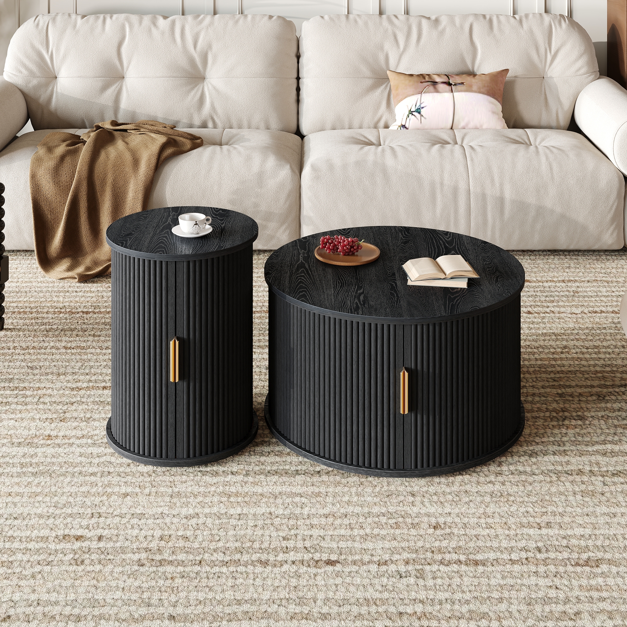 Euroco Mid-Century Coffee Table Set with Sliding Tambour Door, Round Fluted End Table With Storage, Golden Handle Tall & Low Side Table with Wooden Finish for Living Room, Set of Two