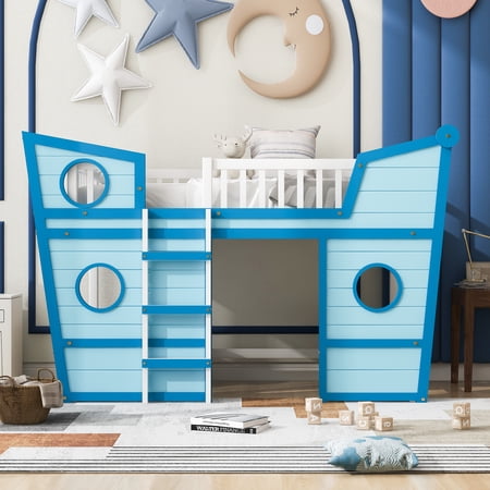 UWR-Nite Twin Size Loft Bed with Underbed Storage Space  Boat Shaped Kids Loft Bed with Safety Guardrails and Ladders  Wood Low Loft Bed for Kids Teens Boys & Girls