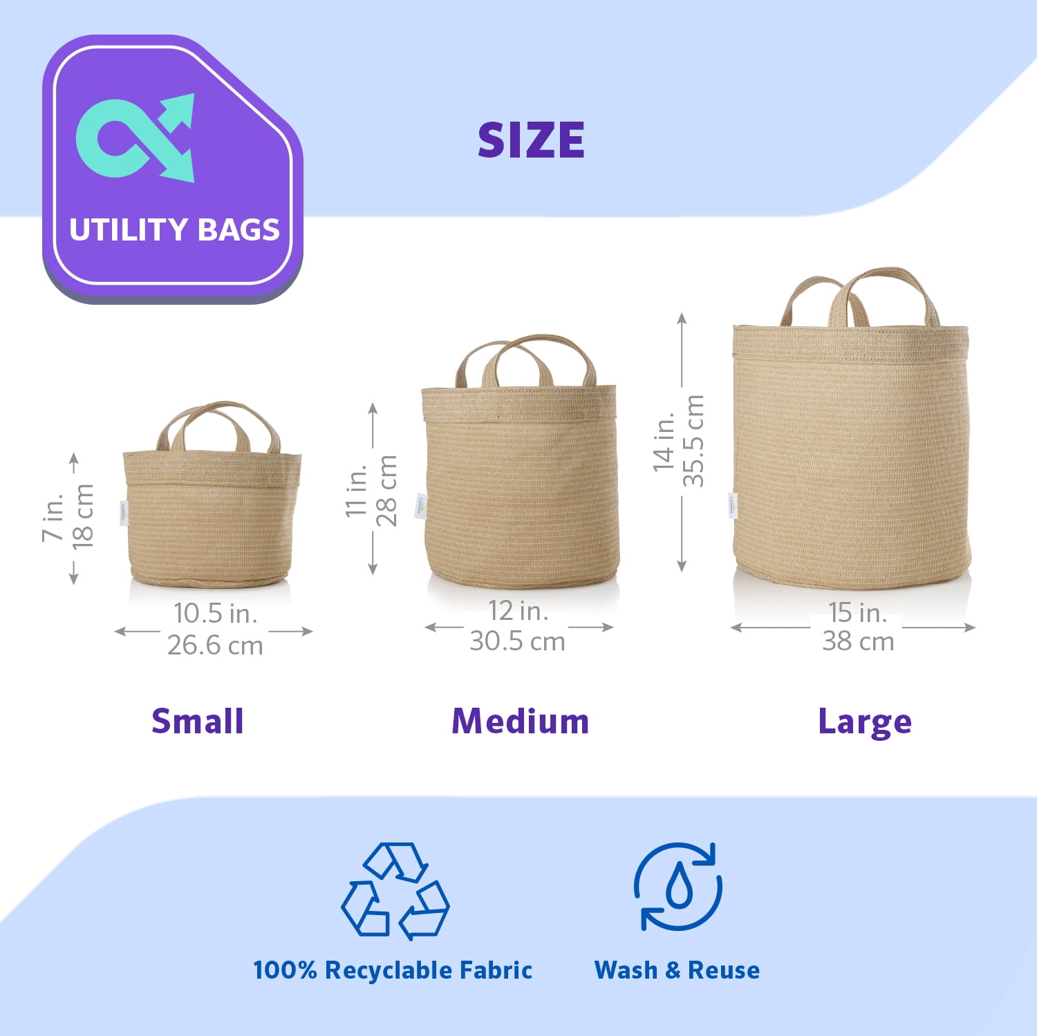 Coolaroo 3-Pack Small, Medium & Large Utility and Storage Bins with Reinforced Handles, Desert Sand