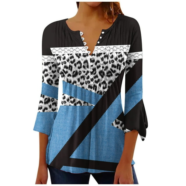 Blusas de Algodón para las Mujeres Impresas 3/4 Mangas V-Cuello Camiseta, Blusa de Algodón de Imitación Casual para las Mujeres