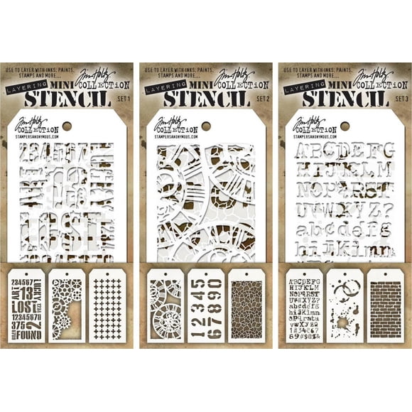 Tim Holtz - Nueve mini plantillas de capas - Industrial Gears Plus Clockwork Numbered Crackle Typo Splatters and Bricked - también conocidos como conjuntos 1 2 y 3