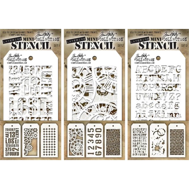 Tim Holtz - Nueve mini plantillas de capas - Industrial Gears Plus Clockwork Numbered Crackle Typo Splatters and Bricked - también conocidos como conjuntos 1 2 y 3