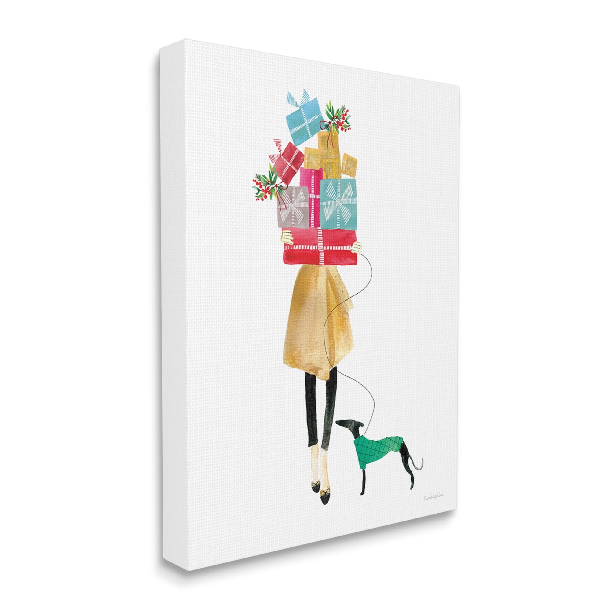 Cheerful Woman Holding Various Holiday Gifts & Dog Animals & Insects Painting Gallery-Wrapped Canvas Print Wall Art