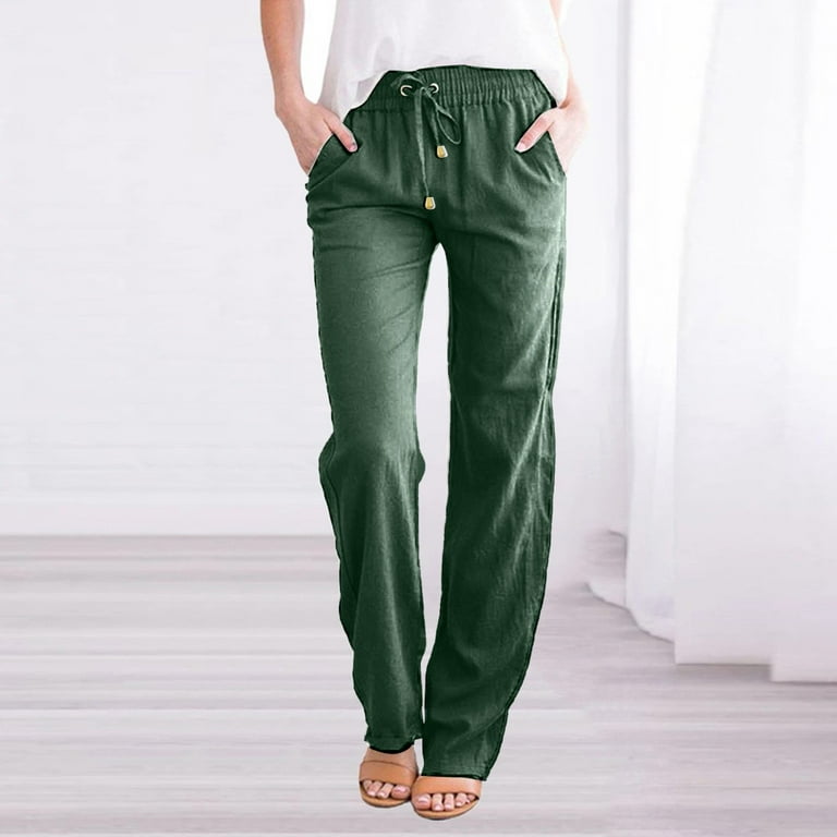KINPLE Women's Cotton Linen Solid Color Pants Drawstring Elastic Waist Side Pockets  high Rise Casual Loose Trousers Pants 