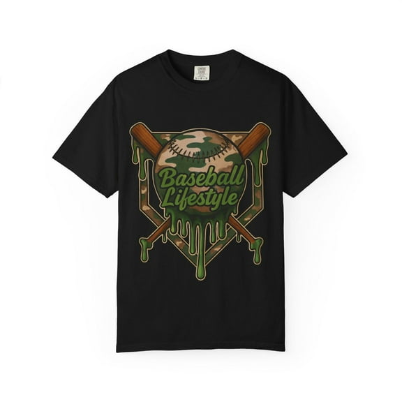 Camo Drip Baseball Tee, Lifestyle Sports Illustration with Dripping Ball and Crossed Bats, Unisex Cotton T-Shirt, Sizes S-5XL