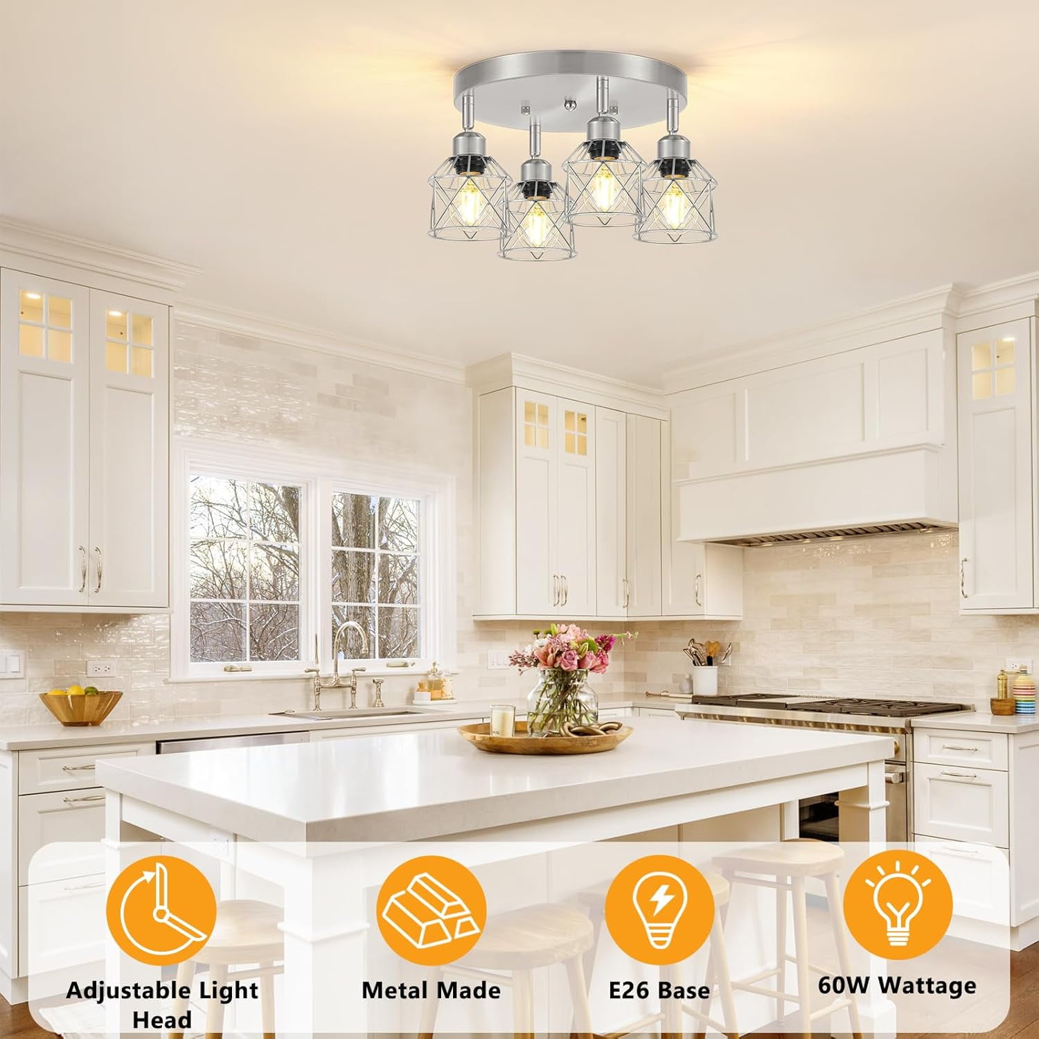 4-Light Brushed Nickel Kitchen Light Fixtures, Modern Hallway Light Fixtures Ceiling, Adjustable Multi-Directional Indoor Silver Metal Cage Close to Ceiling Lights for House Bedroom