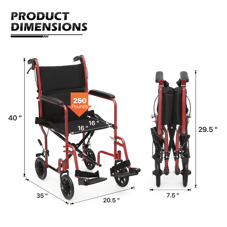 Monicare *FDA APPROVED* Transport Wheelchair With 18 inch Seat, Folding  Transport Chair with Swing Away Footrests and Flip Back Backrest, Folding