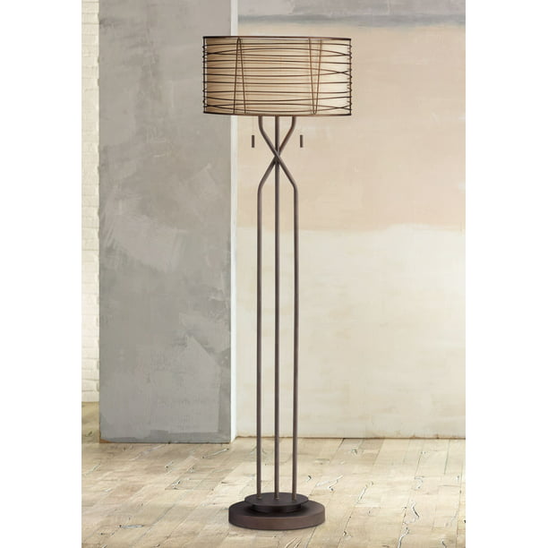 Franklin Iron Works Modern Floor Lamp, Floor Lamp With Burlap Shade