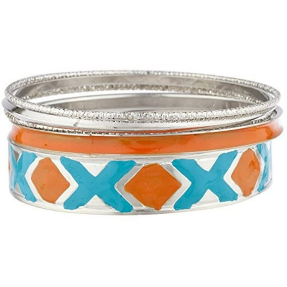 LUX ACCESSORIES SilverTone Orange Blue Enamel Aztec Boho Bangle Bracelet Set (5pc)