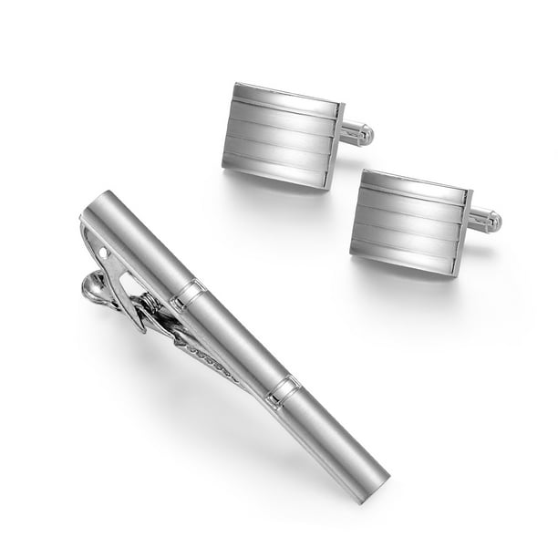 Set de gemelos y broches para corbata para hombre, elegante a rayas plateadas