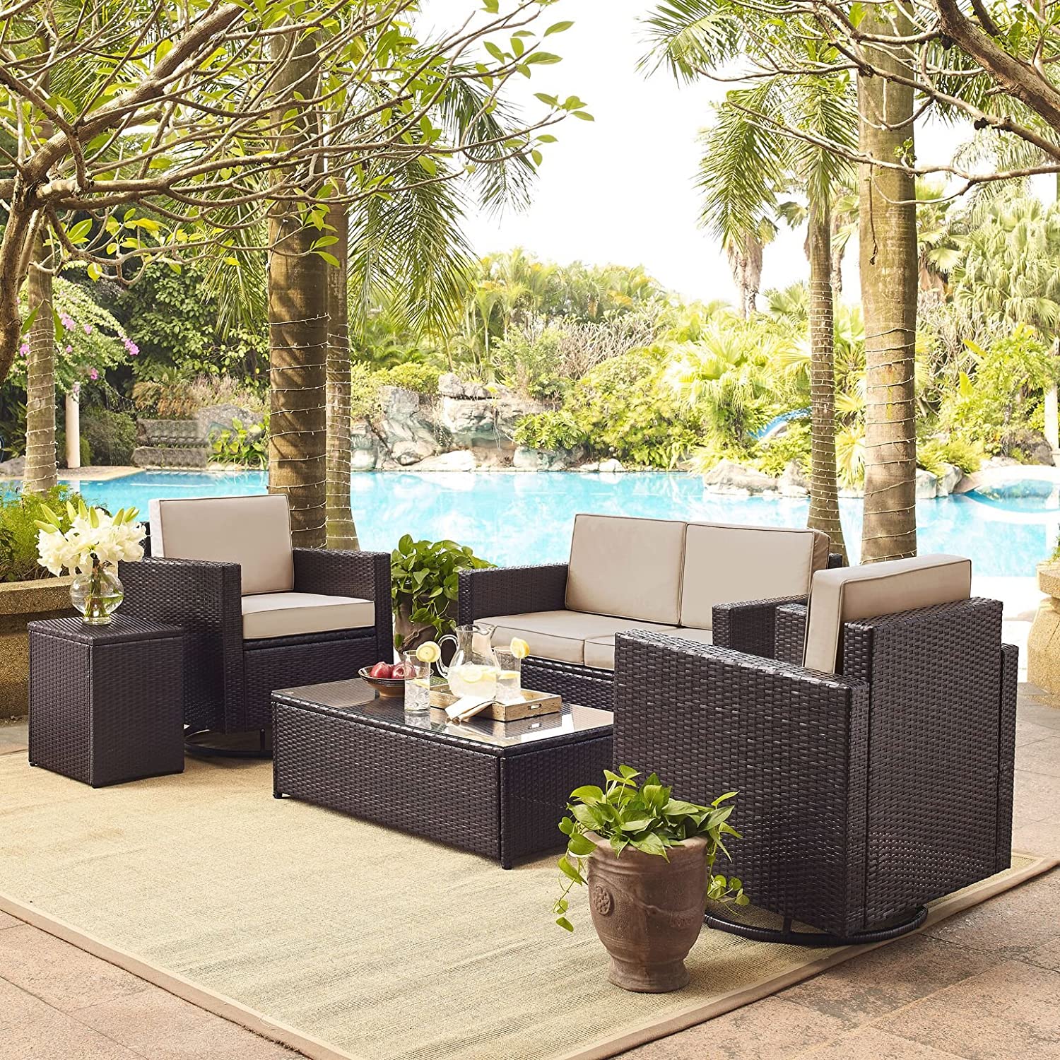 Crosley Palm Harbor 5 Piece Wicker Patio Sofa Set in Brown and Sand - image 3 of 3