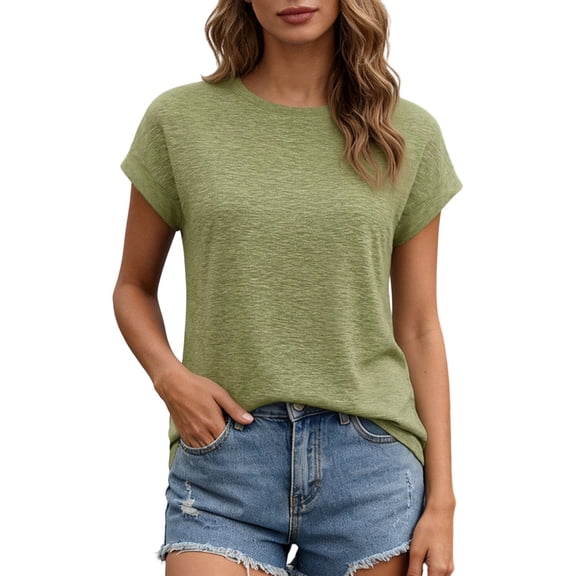 CUSTG Women's T-Shirts Summer Short Sleeved T Shirt Solid Color Tops Trendy O-Neck Tee