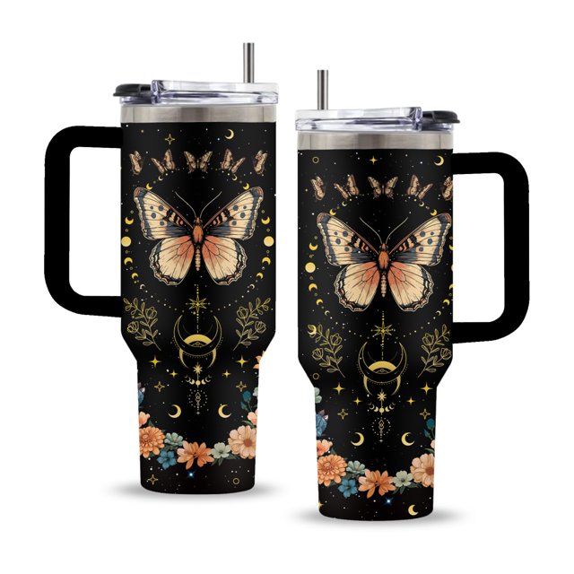 Uibunoo Regalo De Mariposa Para Mujer, Taza De Vaso De Mariposa Gótica De 40 Onzas Con Asa Y Pajita, Regalos De Navidad Para Mariposas, Luna, Amantes De Los Animales, Regalos Temáticos De Flores, 1 Un