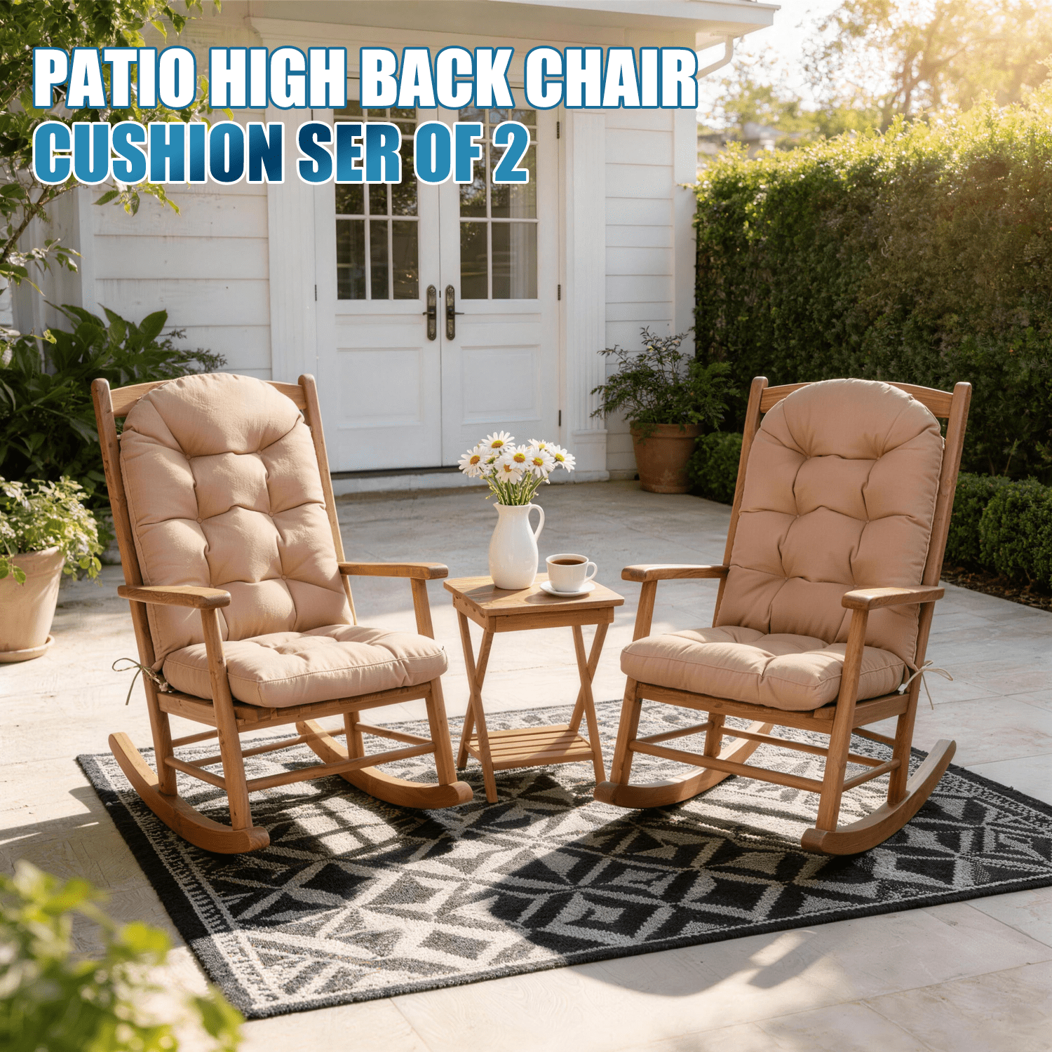 Clouddwell Outdoor Rocking Chair Cushion, Thickened High Back Patio Chair Cushions with High Elasticity PP Cotton Water-Resistant, 2-Pack, Beige