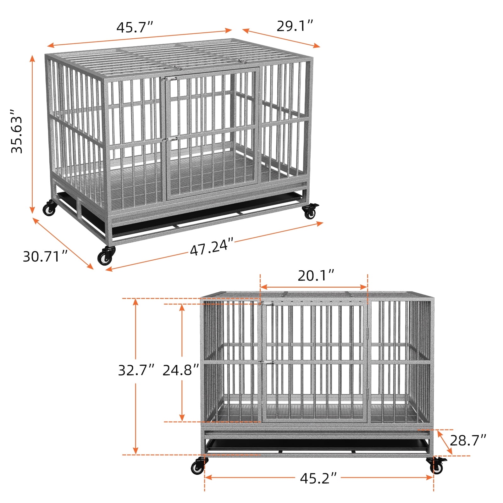 Walnest (48in) Large Dog Crate Rustproof Sturdy Dog House silver Dog Crate with Double Doors For Small and Medium Dogs